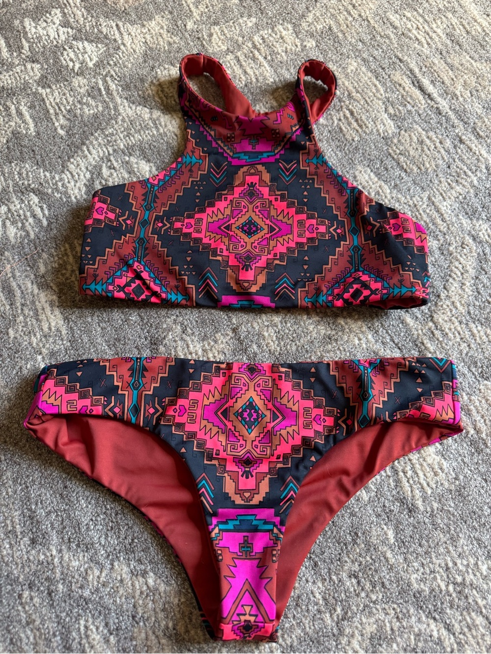 Billabong Tribal High-Neck Bikini in Pink & Red